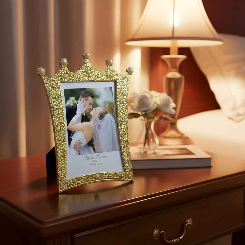 HindCraft Royal Crown Pearl Photo Frame | Luxury Golden Picture Frame for Wedding, Anniversary, Couple & Home Décor