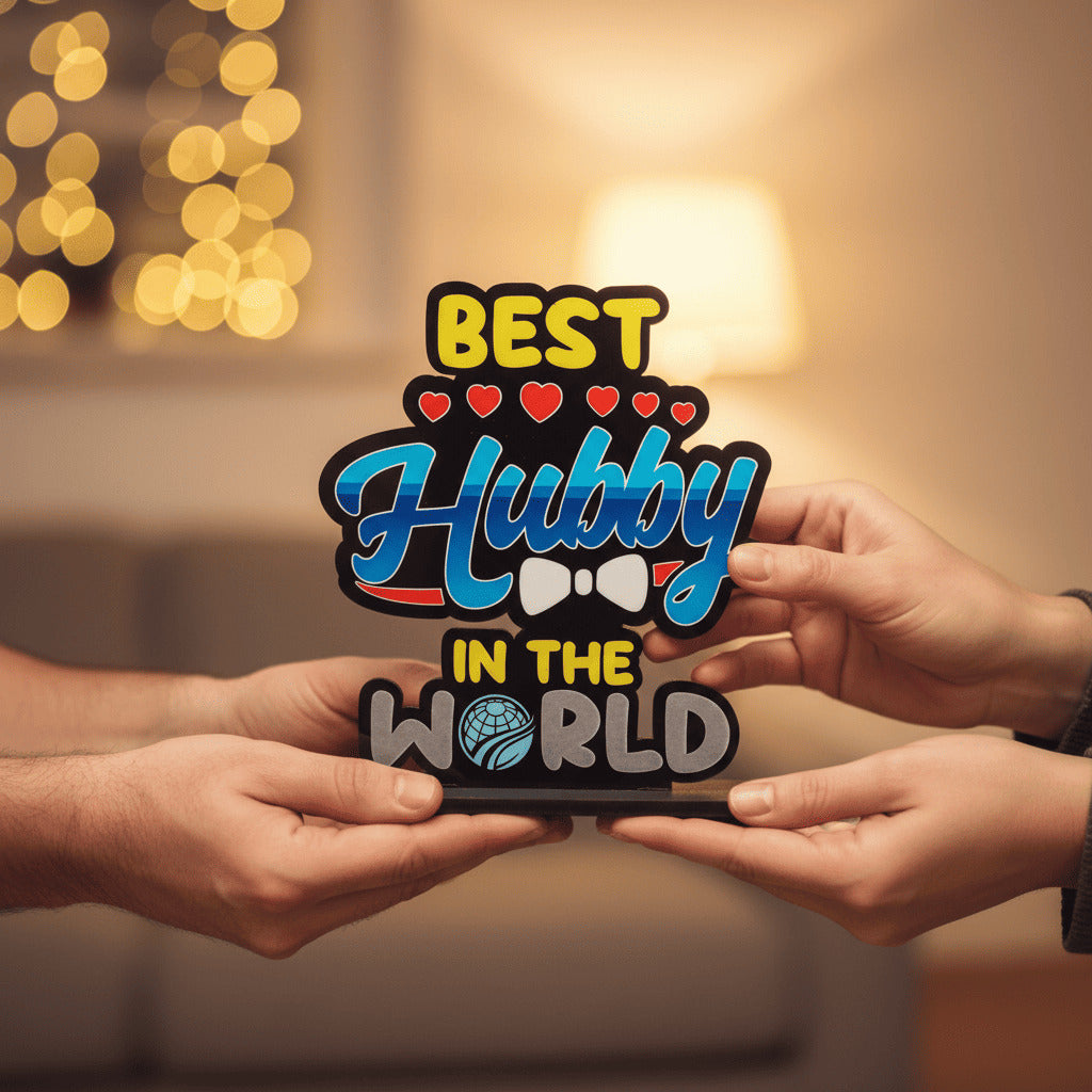 HindCraft Best Hubby in The World Wooden Table Top Showpiece | Husband Appreciation Gift | Romantic Home & Office Desk Décor