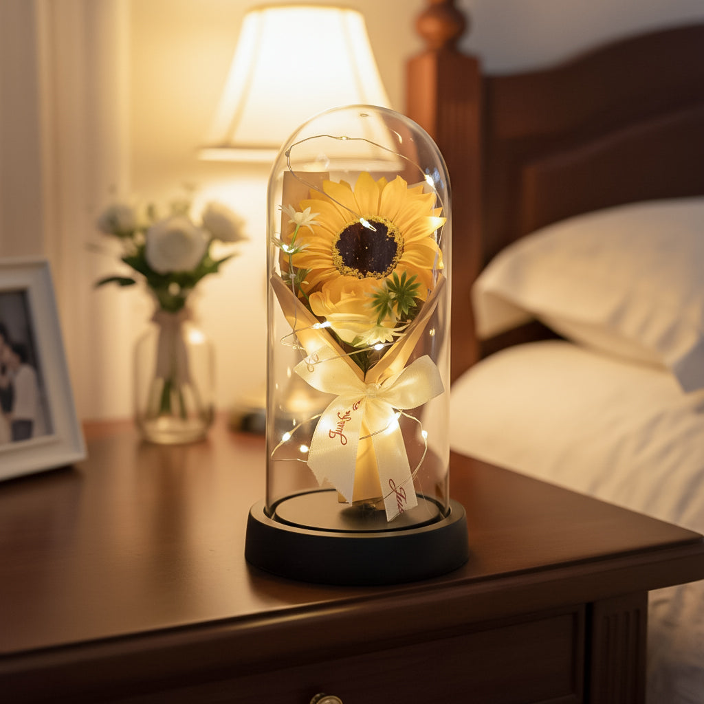 HindCraft Artificial Sunflower Glass Dome with LED Lights for Home Décor & Gifting