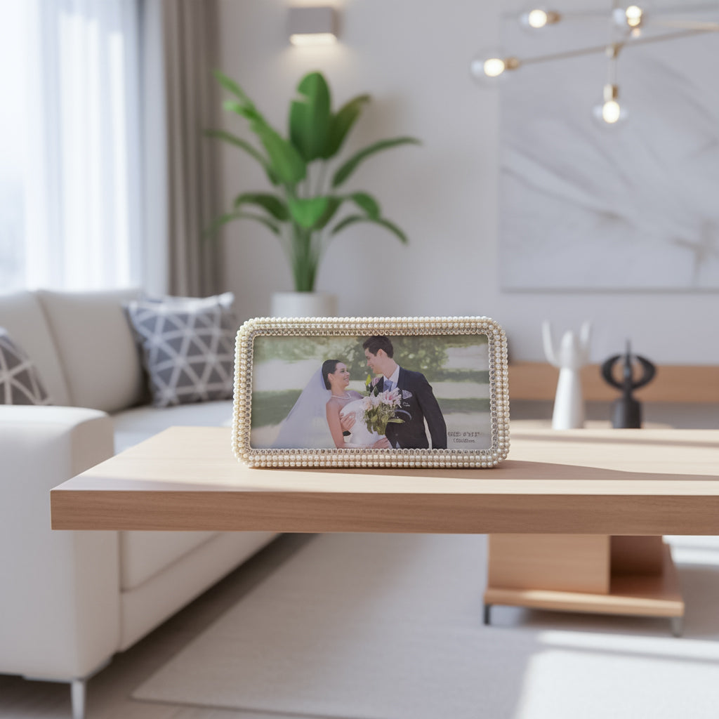 HindCraft Pearl Beaded Photo Frame | Elegant Decorative Picture Frame for Wedding, Anniversary, Family Photos & Home Décor