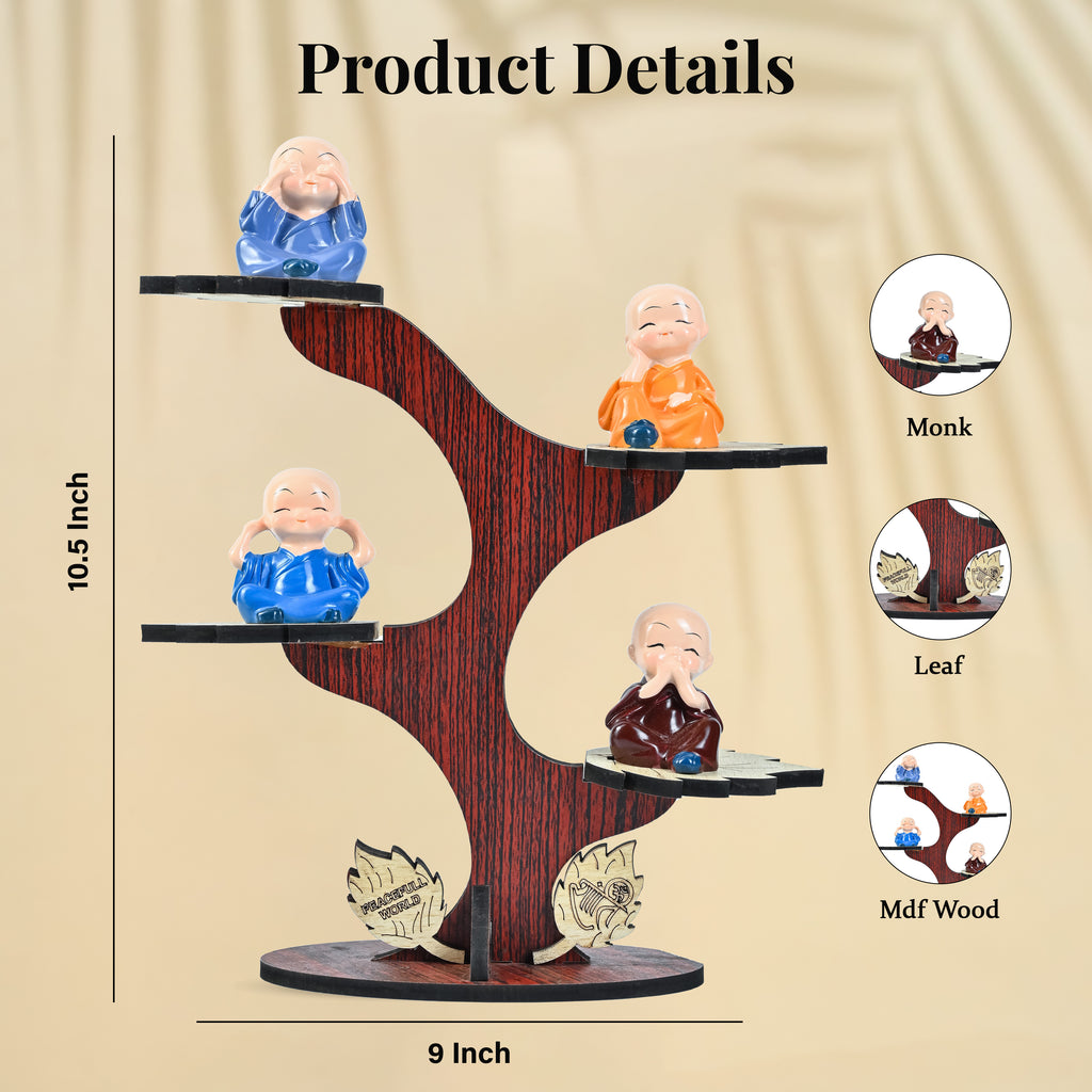 HindCraft 4 Monk Figurine Tree Showpiece with Wooden Stand for Home, Office Desk & Tabletop Décor