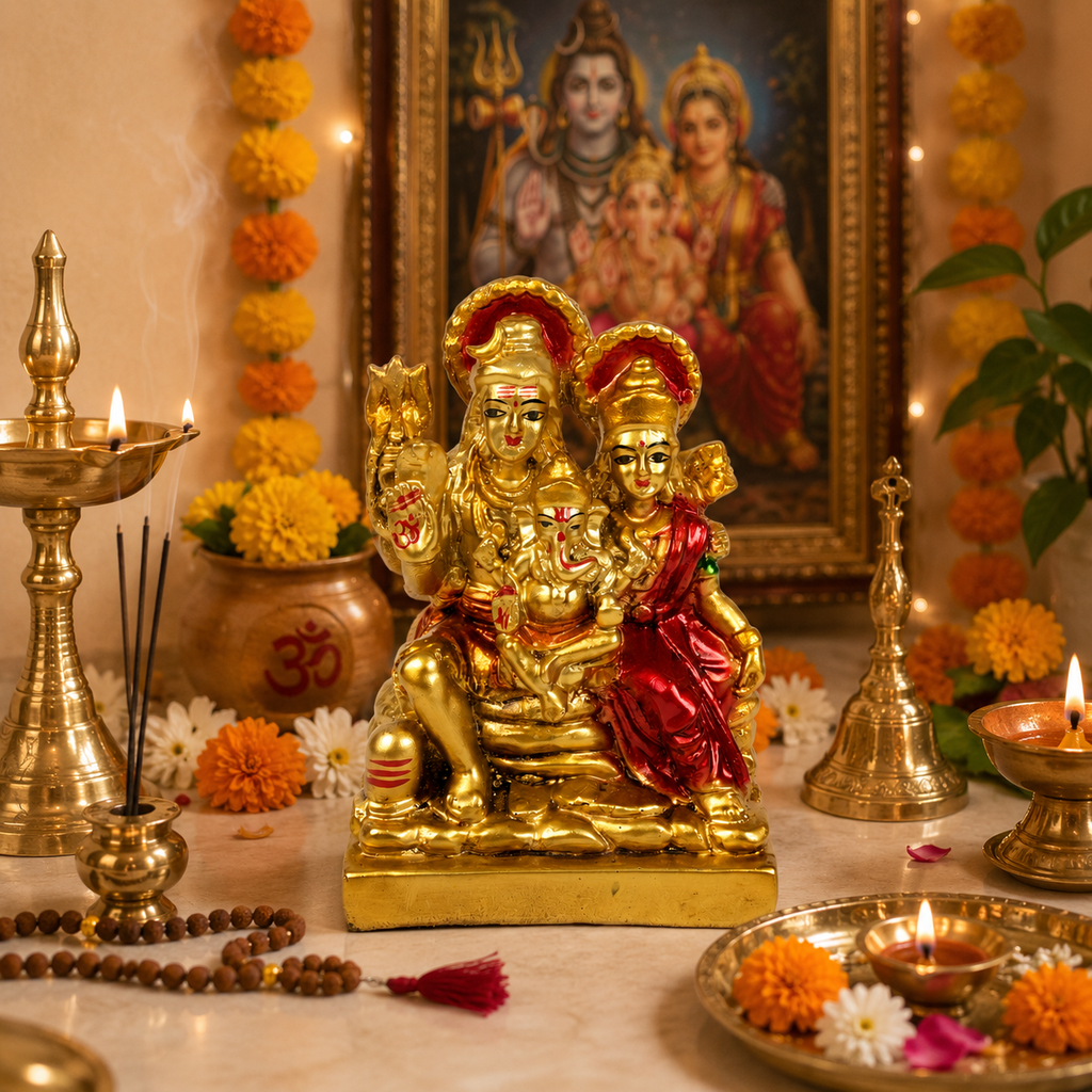 HindCraft Shiv Parivar Resin Idol | Lord Shiva, Parvati & Ganesha Decorative Showpiece for Home Temple, Office & Spiritual Décor