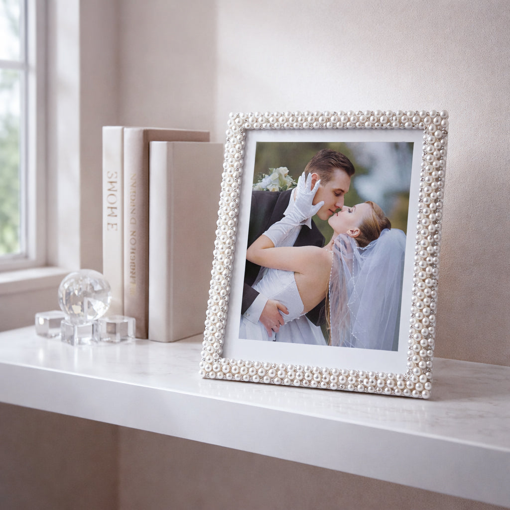 HindCraft Pearl Beaded Square Photo Frame | Elegant Decorative Picture Frame for Wedding, Anniversary, Couple & Family Photos | Tabletop Home Décor