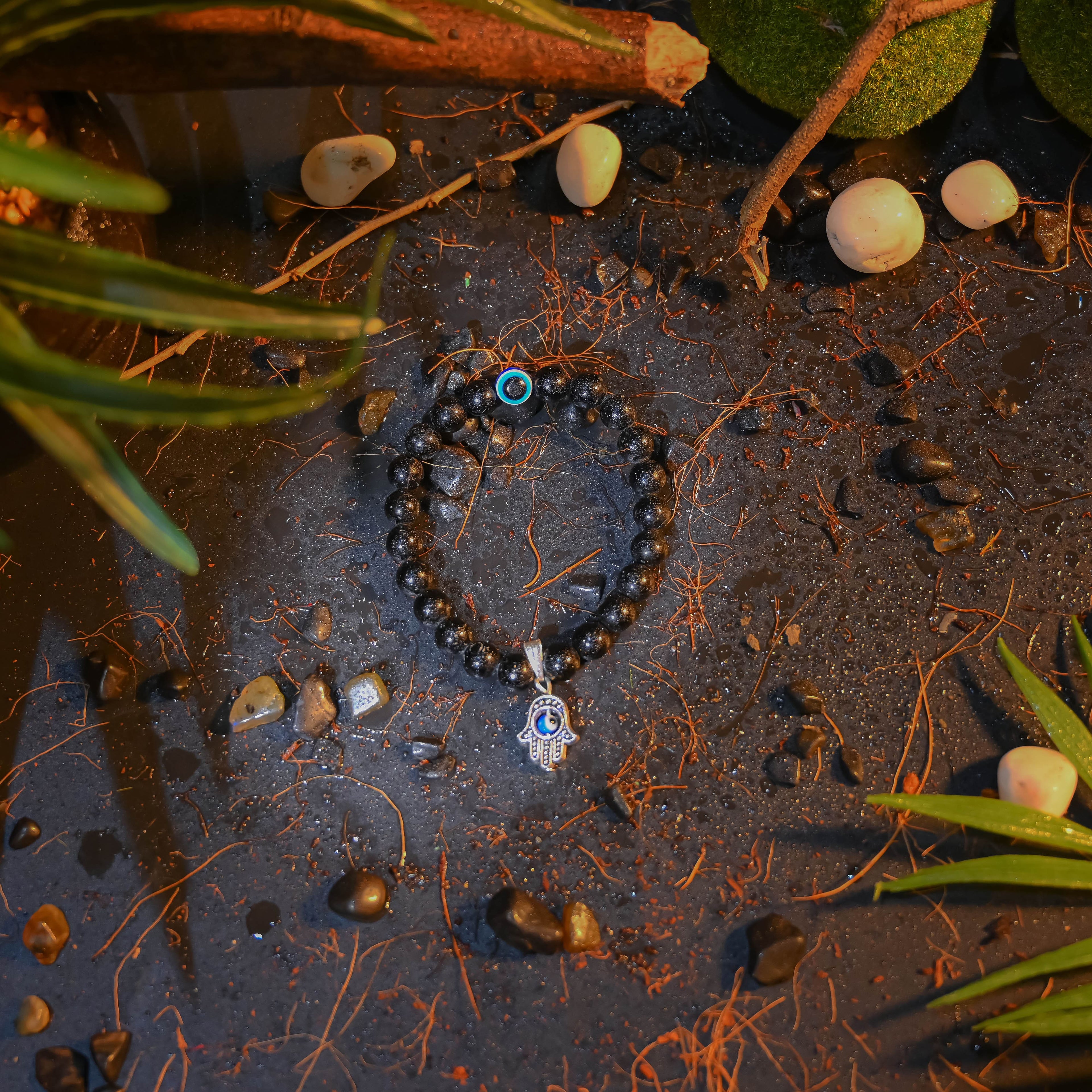 HindCraft Black Tourmaline Evil Eye Bracelet with Hamsa Protection