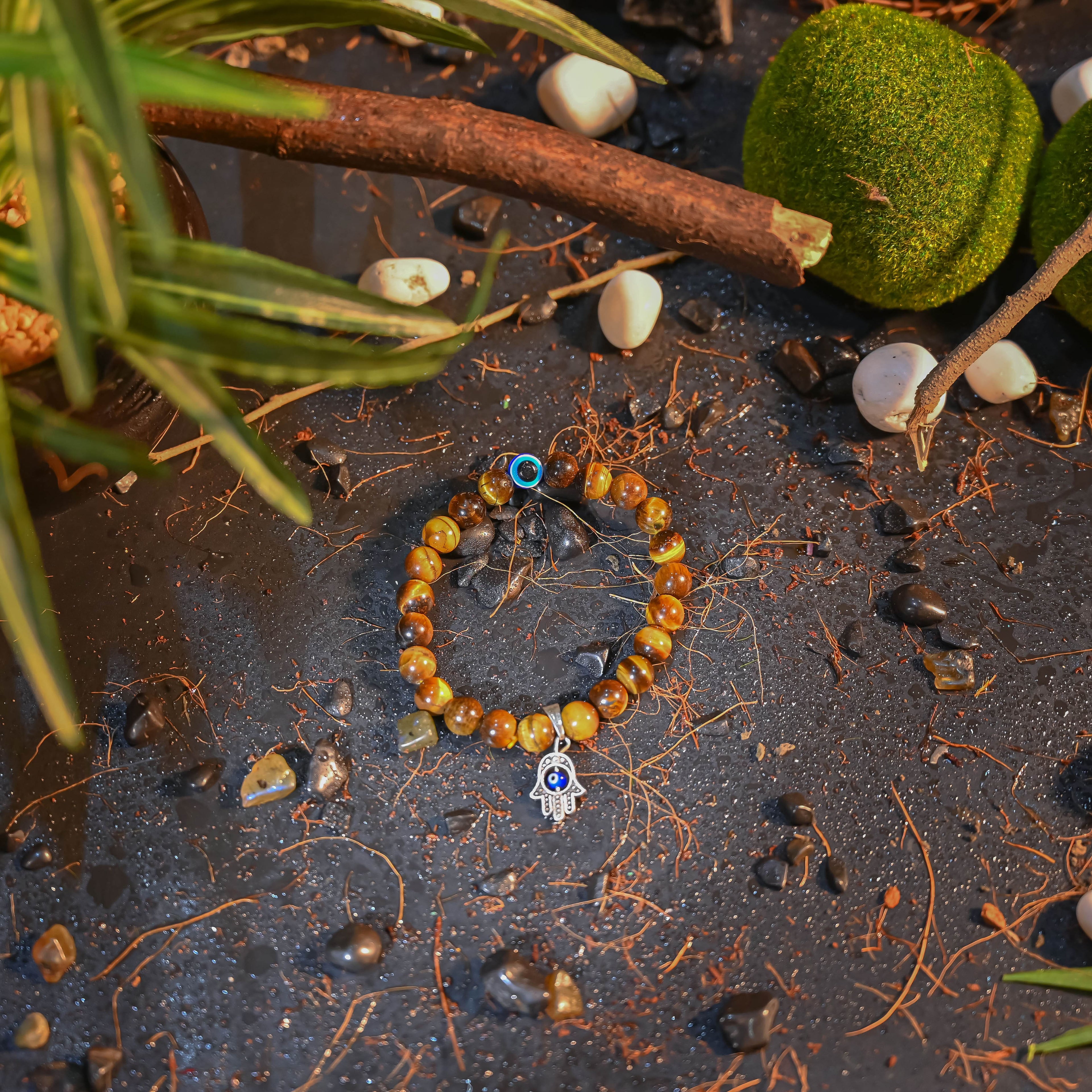 HindCraft Tiger Eye Evil Eye Bracelet with Hamsa Charm for Style