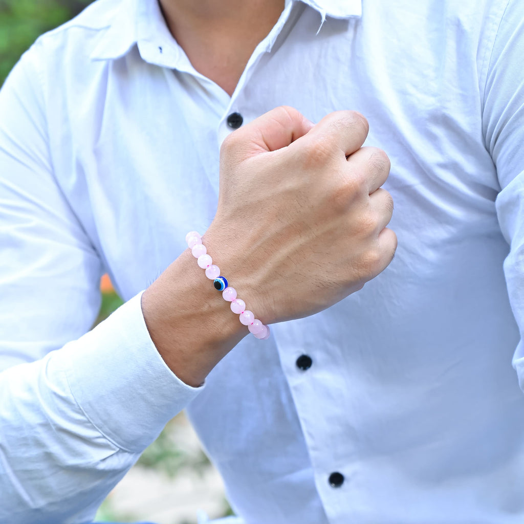 HindCraft Rose Quartz Evil Eye Bracelet with Hamsa Charm for Women