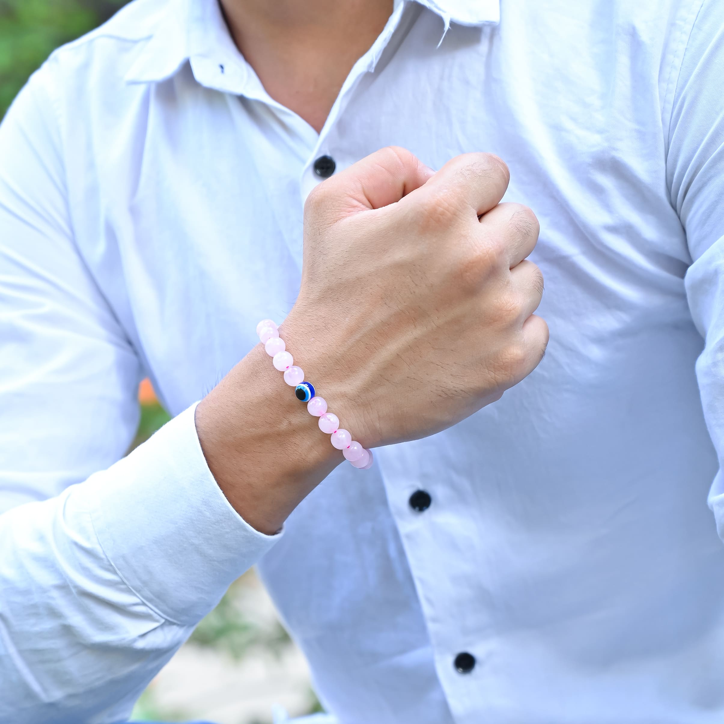 HindCraft Rose Quartz Evil Eye Bracelet with Hamsa Charm for Women