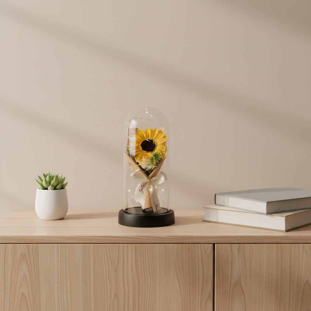 HindCraft Artificial Sunflower Glass Dome with LED Lights for Home Décor & Gifting