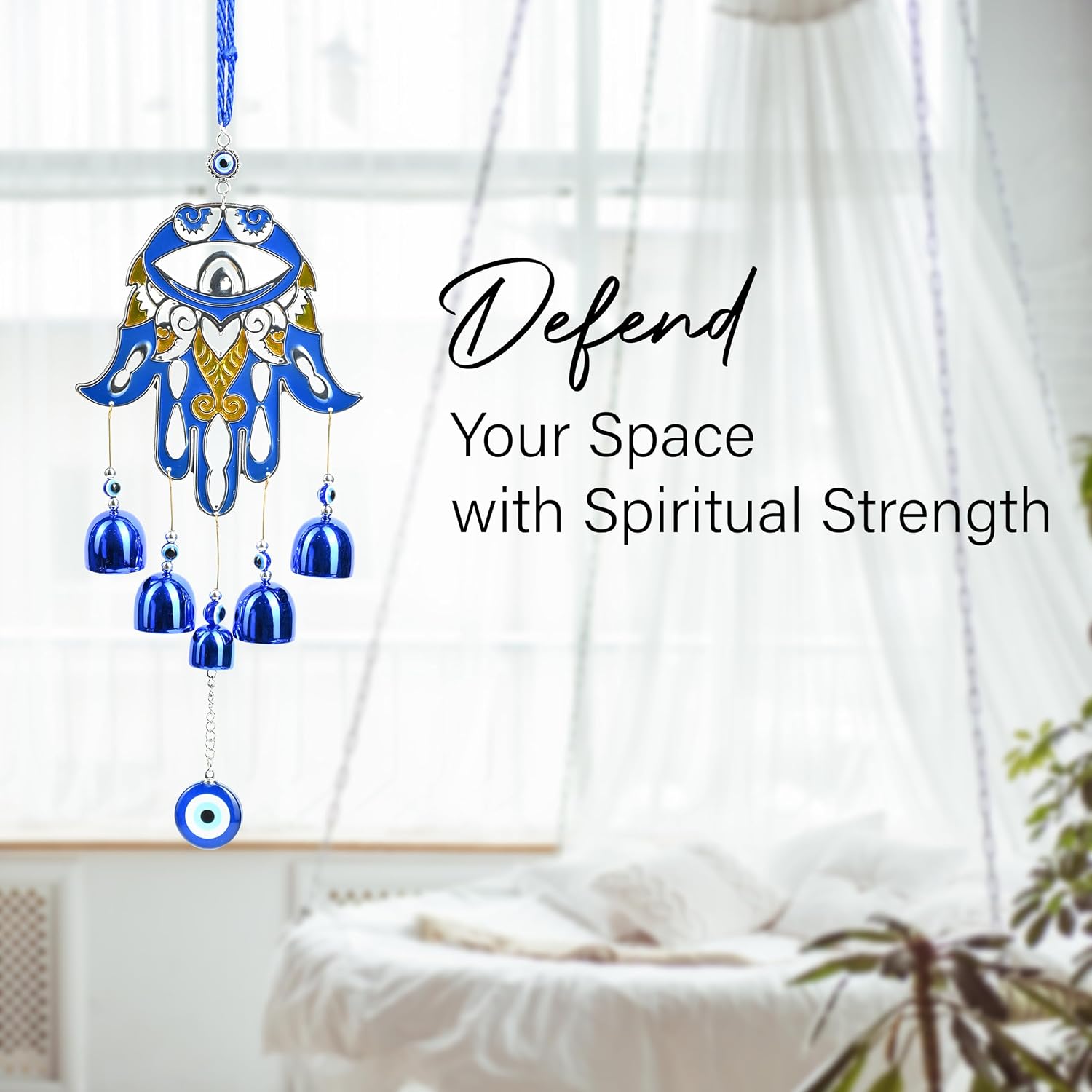 HindCraft Hamsa Hand Evil Eye Hanging with Blue Bells | Turkish Nazar Wall & Door Decor