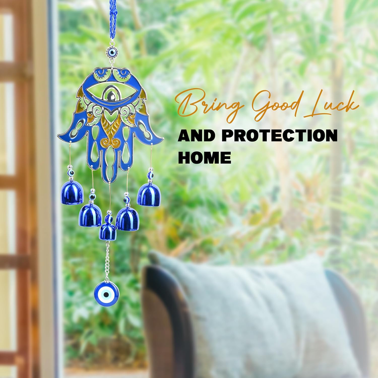 HindCraft Hamsa Hand Evil Eye Hanging with Blue Bells | Turkish Nazar Wall & Door Decor