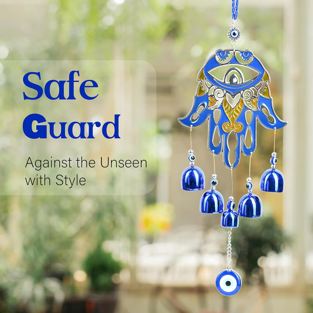 HindCraft Hamsa Hand Evil Eye Hanging with Blue Bells | Turkish Nazar Wall & Door Decor