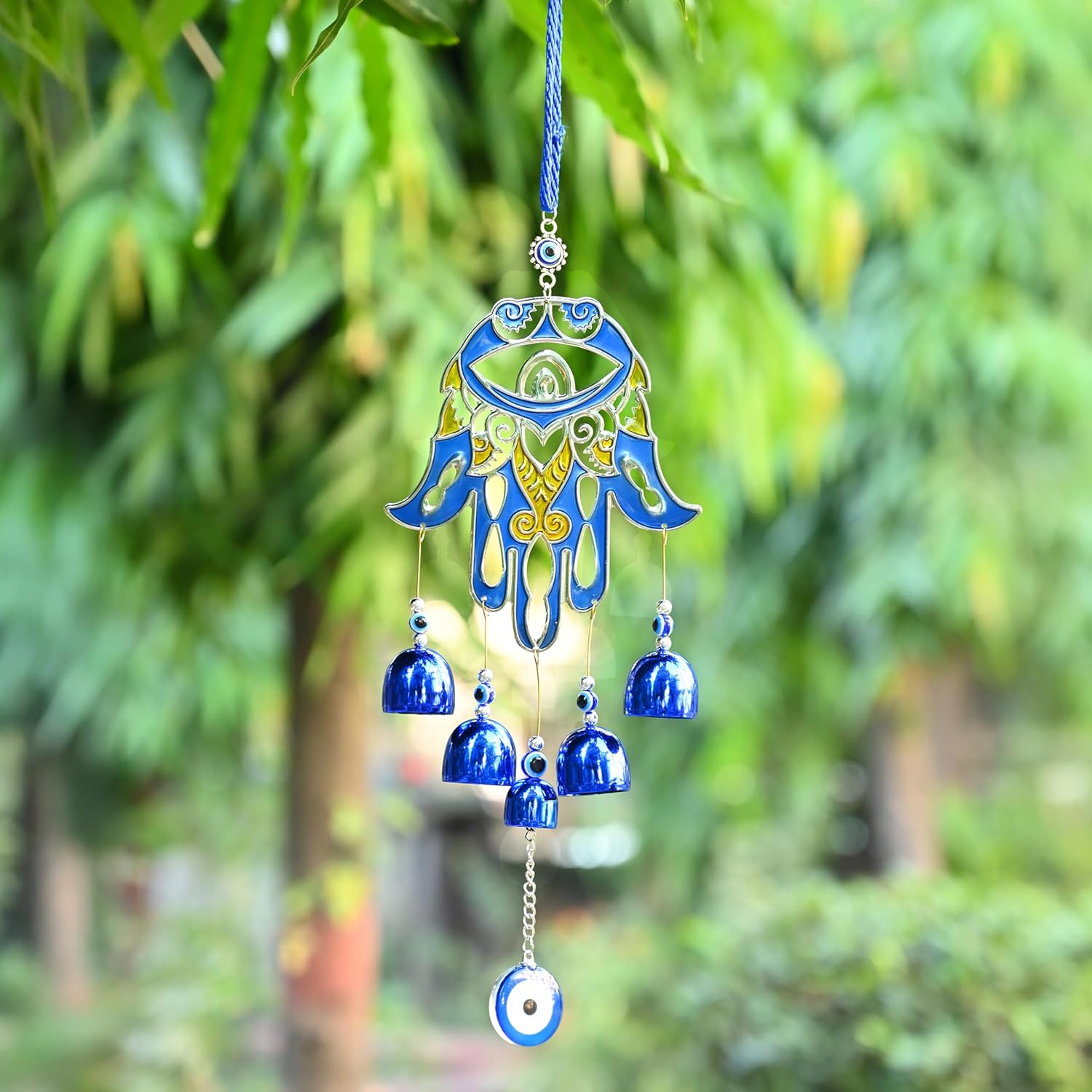HindCraft Hamsa Hand Evil Eye Hanging with Blue Bells | Turkish Nazar Wall & Door Decor