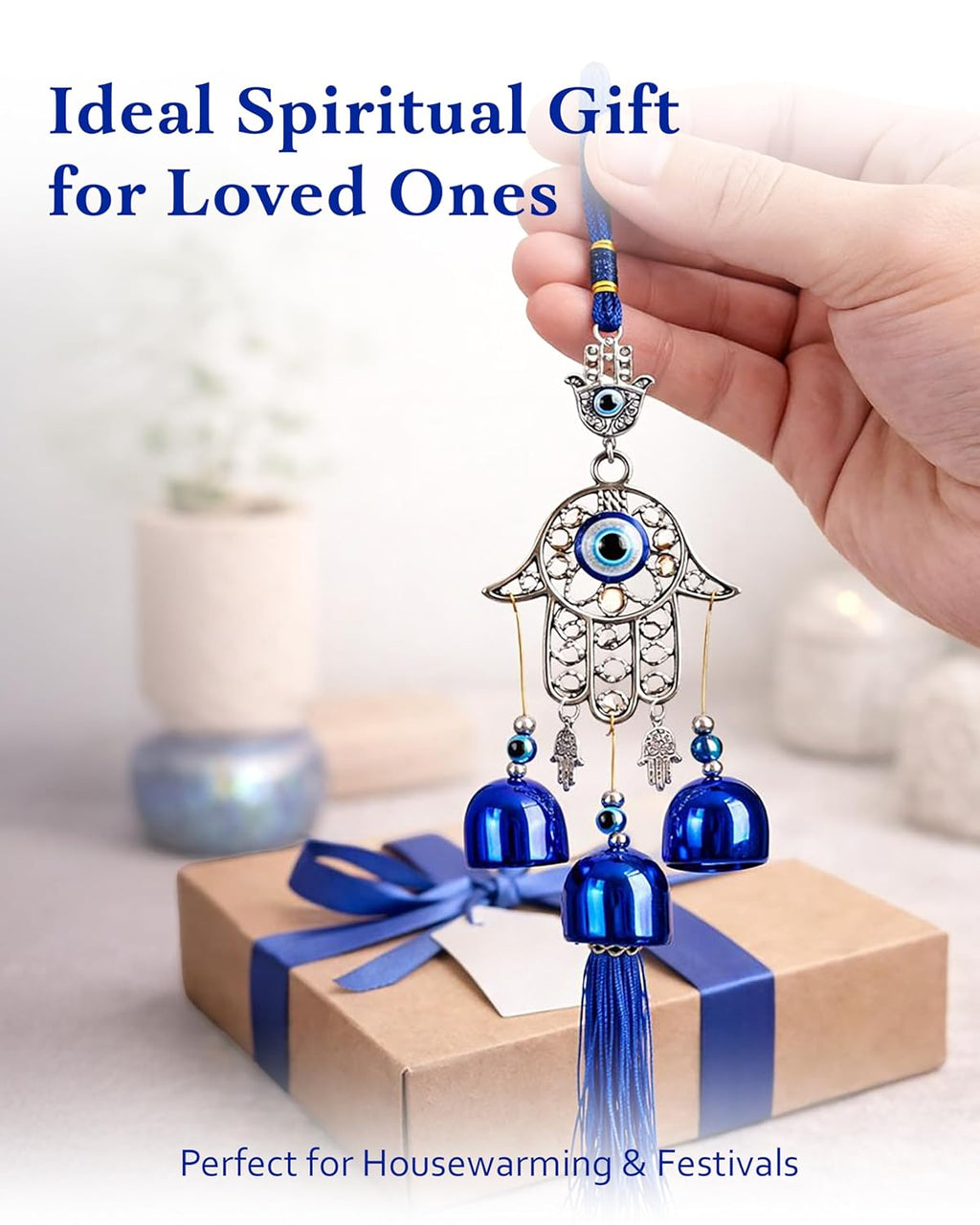 HindCraft Hamsa Hand Evil Eye Wind Chime Hanging with Blue Bells & Tassel for Home Entrance, Balcony, Door & Wall Décor