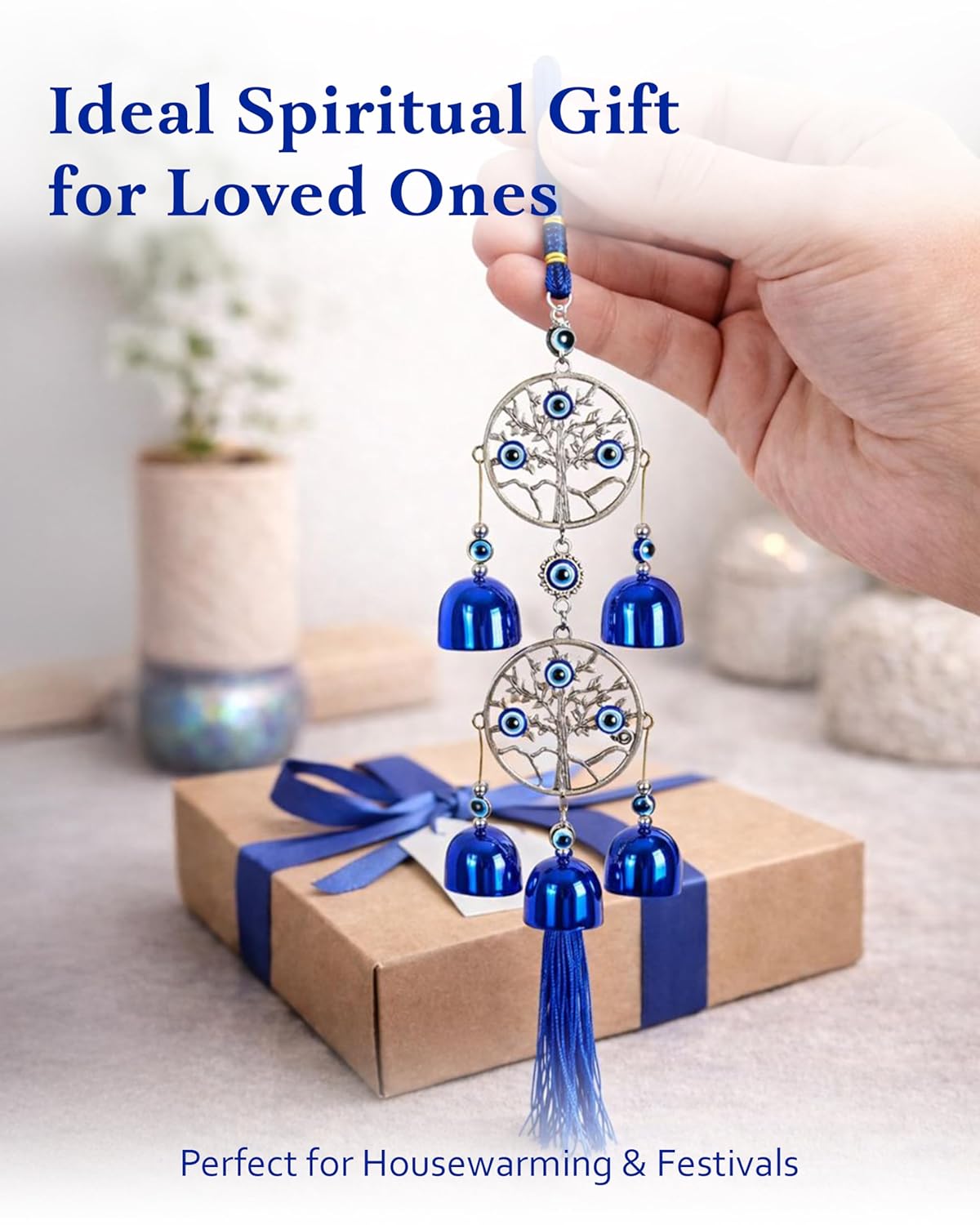 HindCraft Double Tree of Life Evil Eye Wind Chime Hanging with Blue Bells & Tassel for Home Entrance, Balcony, Door & Wall Décor