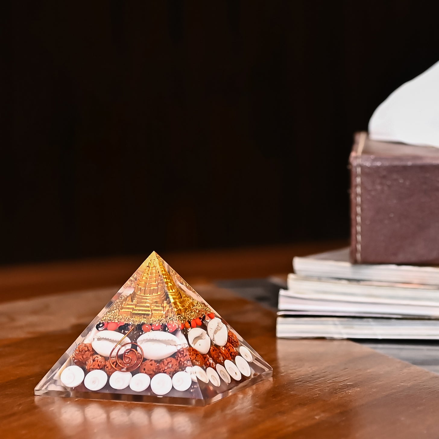 HindCraft 90mm Laxmi Shree Yantra Orgonite Pyramid with Rudraksha, Gomti Chakra, Cowrie Shells & Copper Coil | Spiritual Pyramid for Home, Office, Meditation & Vastu Decor