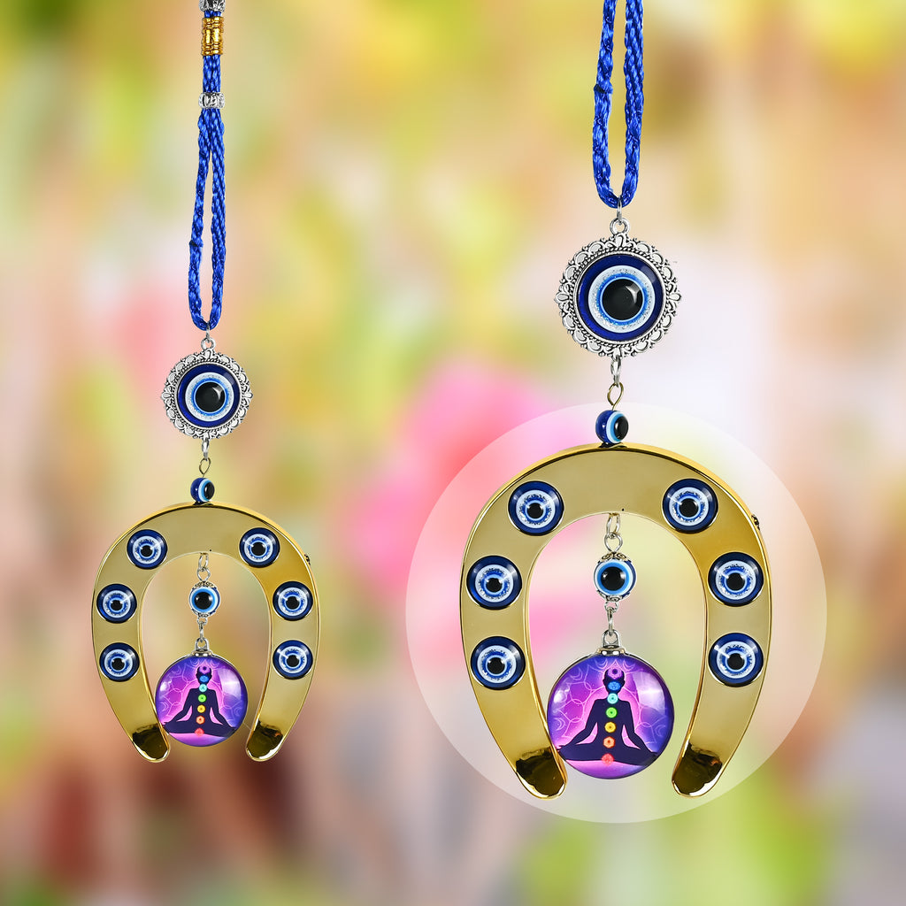 HindCraft Evil Eye Horseshoe Hanging with Chakra Meditation Pendant for Home Entrance, Wall, Door & Office Décor