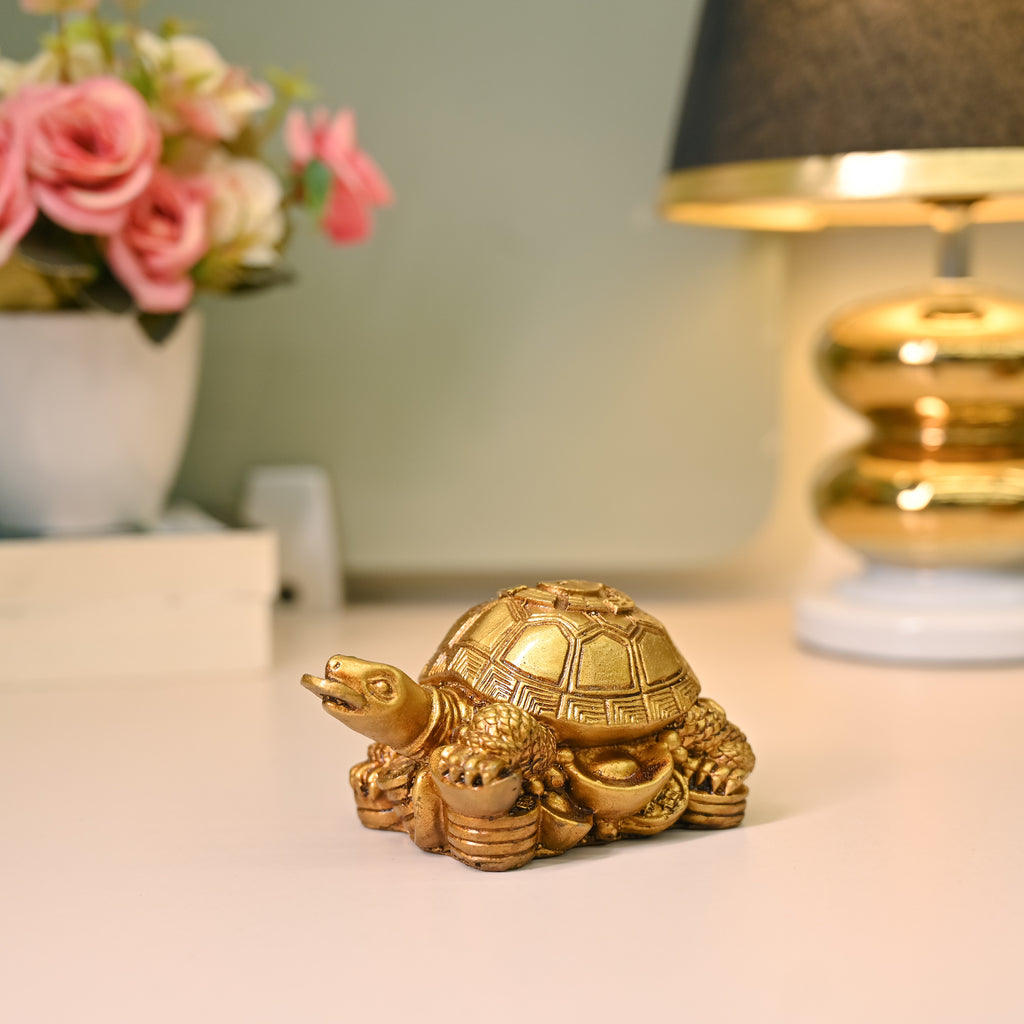 HindCraft Golden Tortoise Family Showpiece with Coin Design for Home, Office Desk & Vastu Décor
