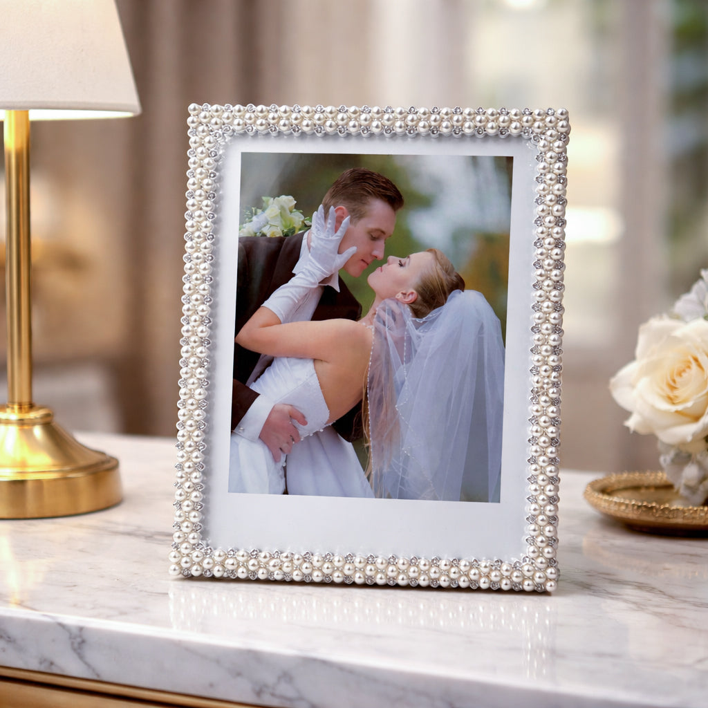 HindCraft Pearl Beaded Square Photo Frame | Elegant Decorative Picture Frame for Wedding, Anniversary, Couple & Family Photos | Tabletop Home Décor