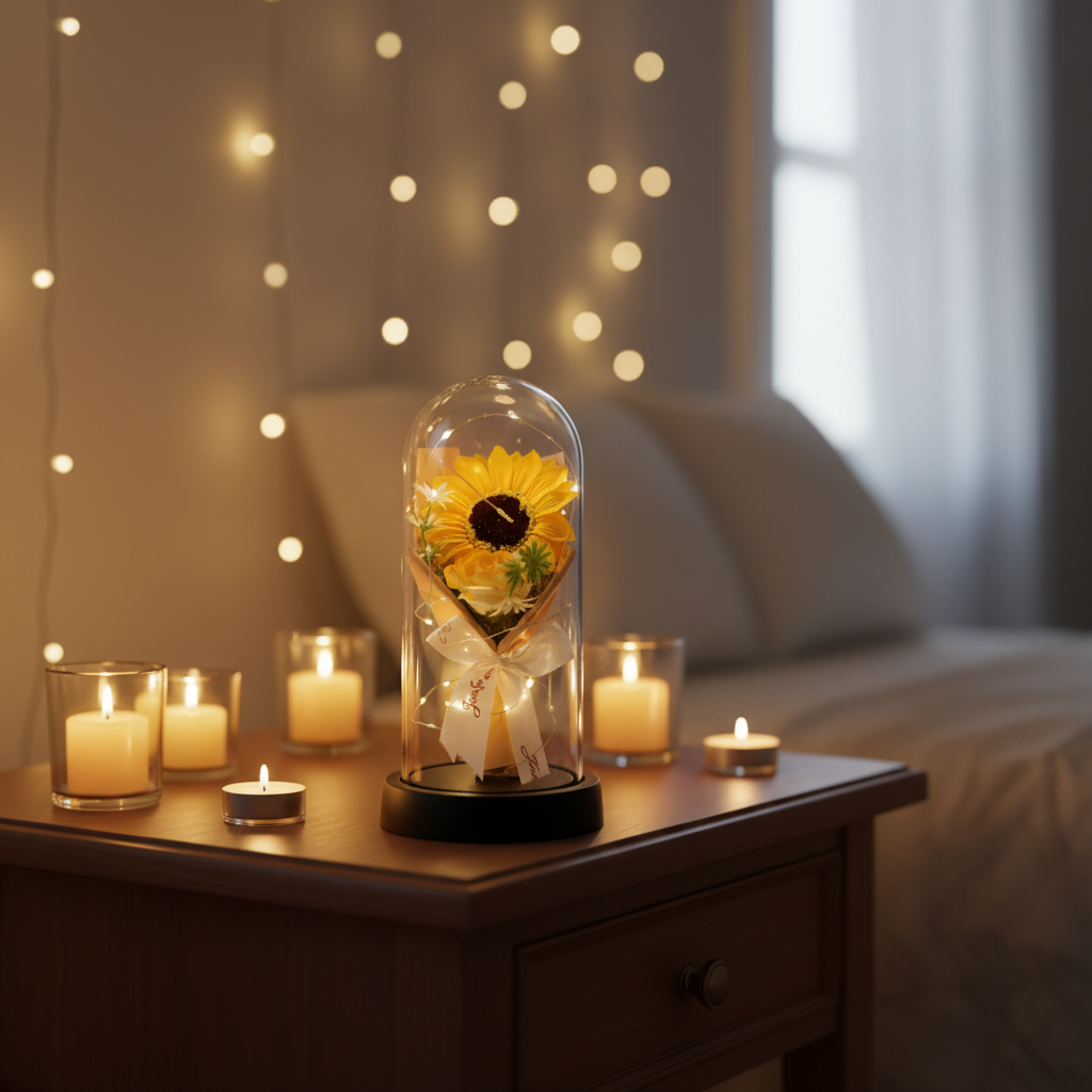 HindCraft Artificial Sunflower Glass Dome with LED Lights for Home Décor & Gifting