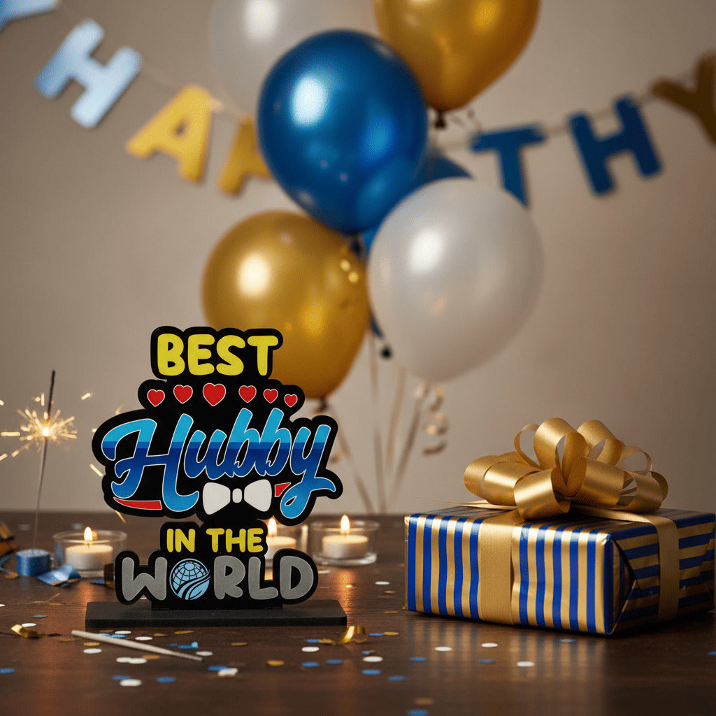 HindCraft Best Hubby in The World Wooden Table Top Showpiece | Husband Appreciation Gift | Romantic Home & Office Desk Décor