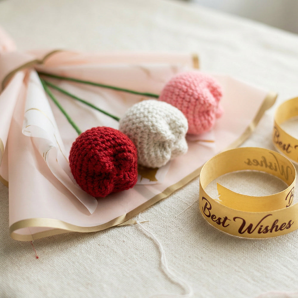 HindCraft Handmade Crochet Tulip Bouquet – Red, Pink & White Flower Gift