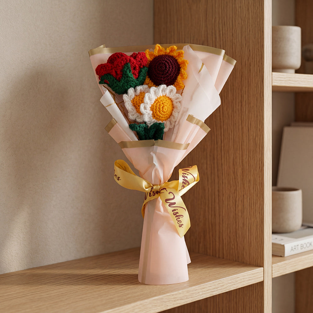 HindCraft Handmade Crochet Sunflower, Daisy & Rose Bouquet – Best Wishes Gift