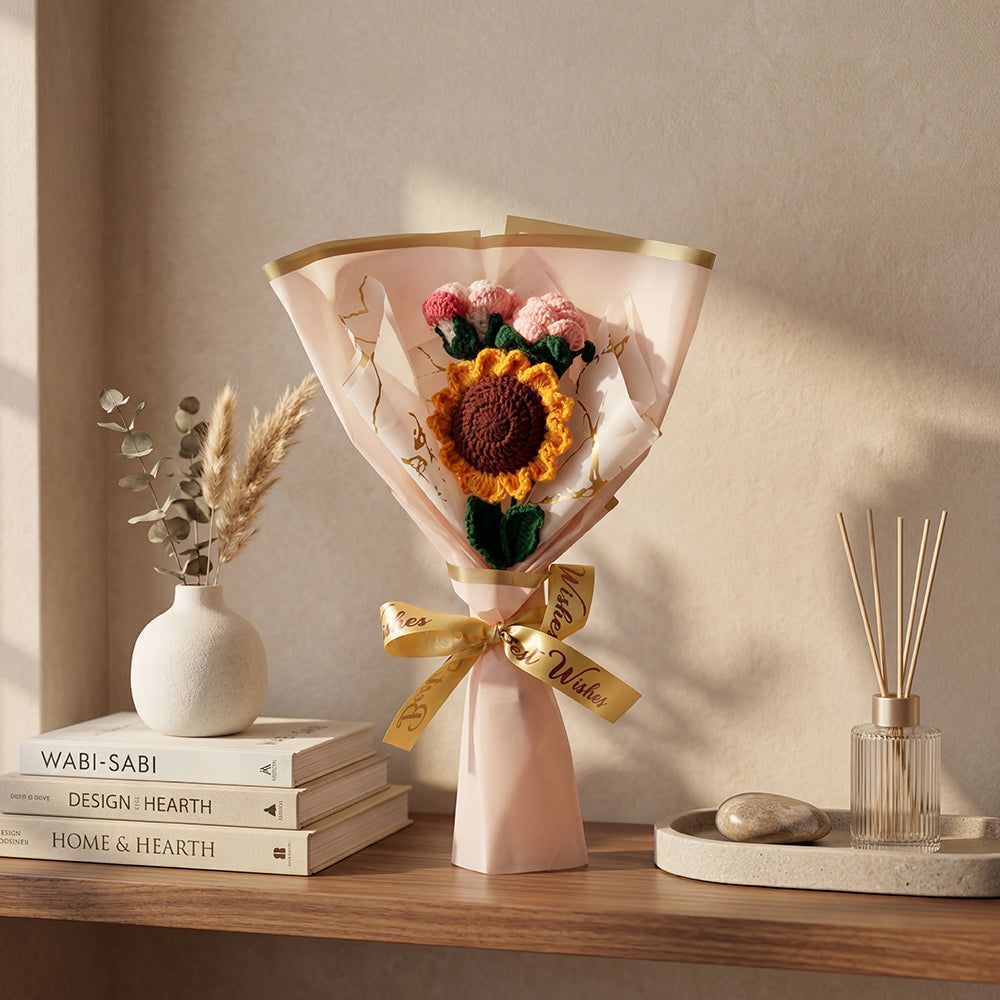 HindCraft Handmade Crochet Sunflower & Pink Rose Bouquet – Best Wishes Gift