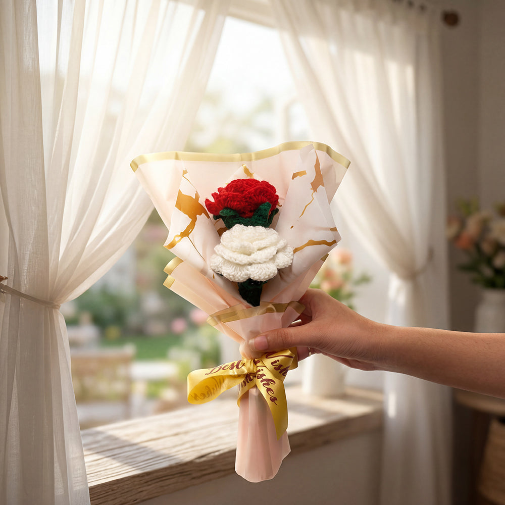 HindCraft Handmade Crochet Red & White Rose Bouquet – Best Wishes Gift