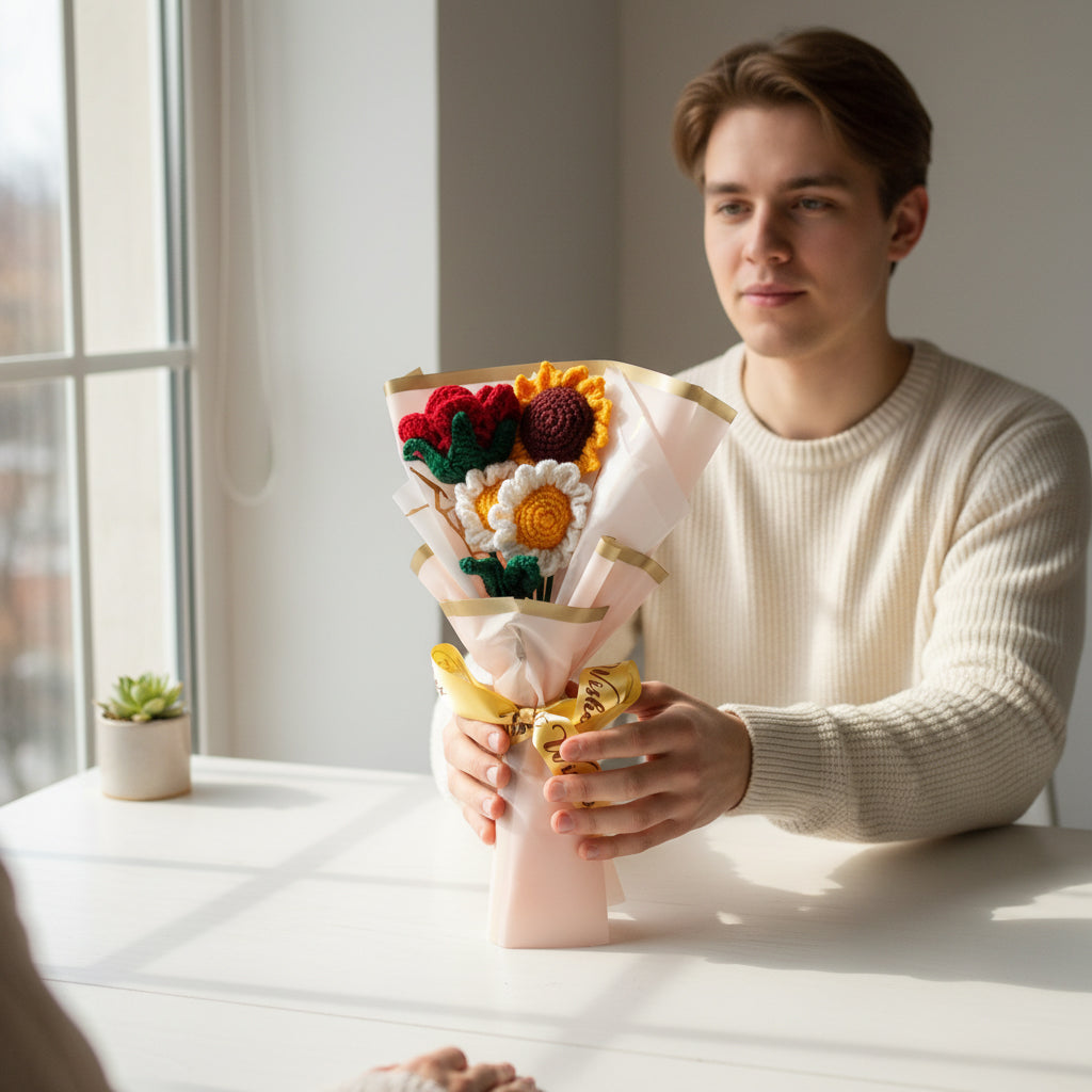 HindCraft Handmade Crochet Sunflower, Daisy & Rose Bouquet – Best Wishes Gift