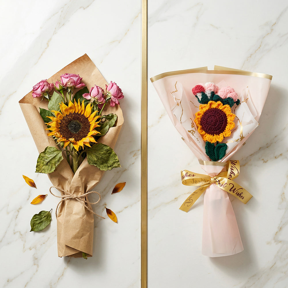 HindCraft Handmade Crochet Sunflower & Pink Rose Bouquet – Best Wishes Gift