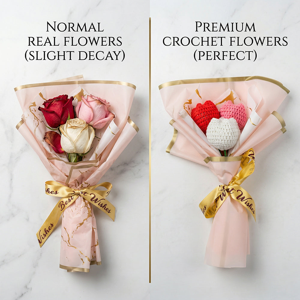 HindCraft Handmade Crochet Tulip Bouquet – Red, Pink & White Flower Gift