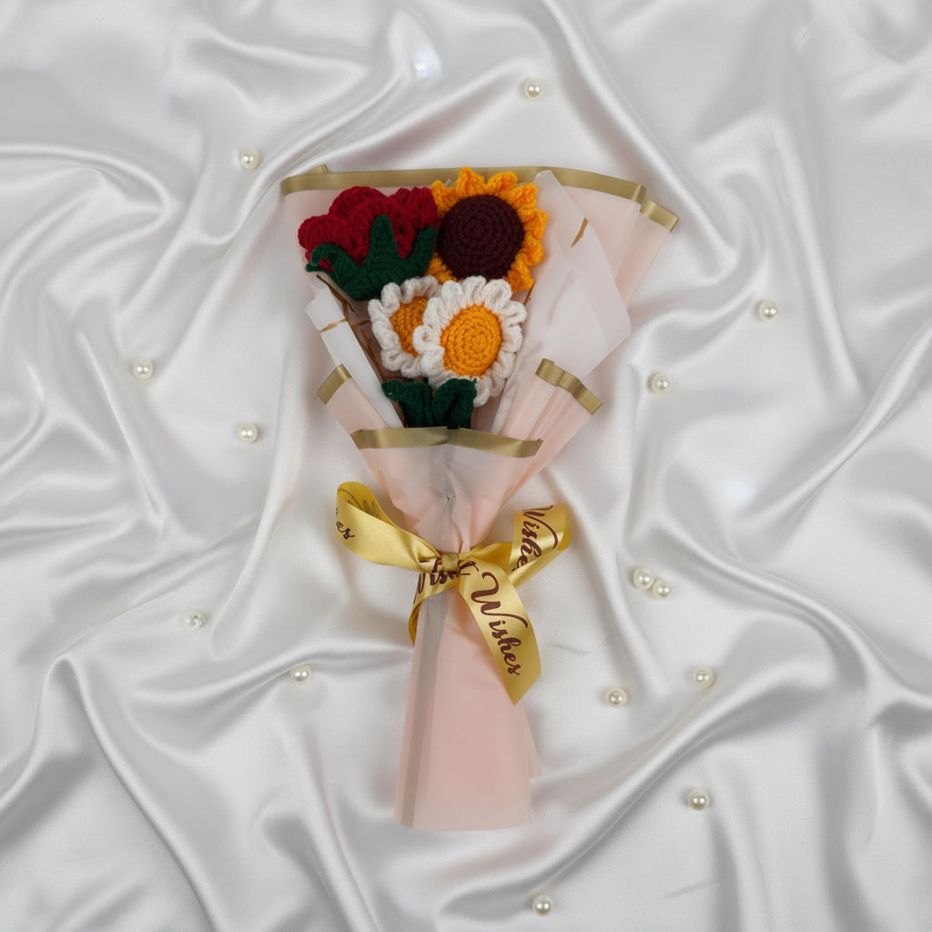 HindCraft Handmade Crochet Sunflower, Daisy & Rose Bouquet – Best Wishes Gift