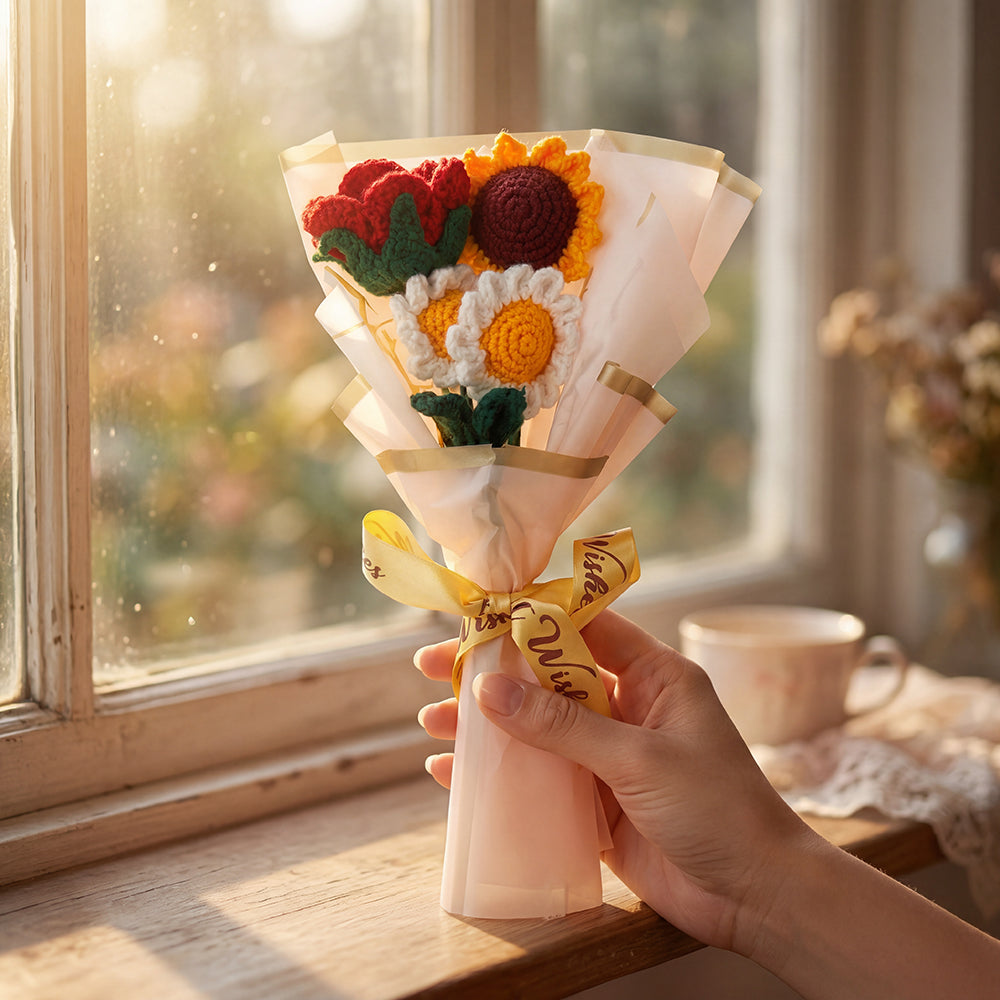 HindCraft Handmade Crochet Sunflower, Daisy & Rose Bouquet – Best Wishes Gift