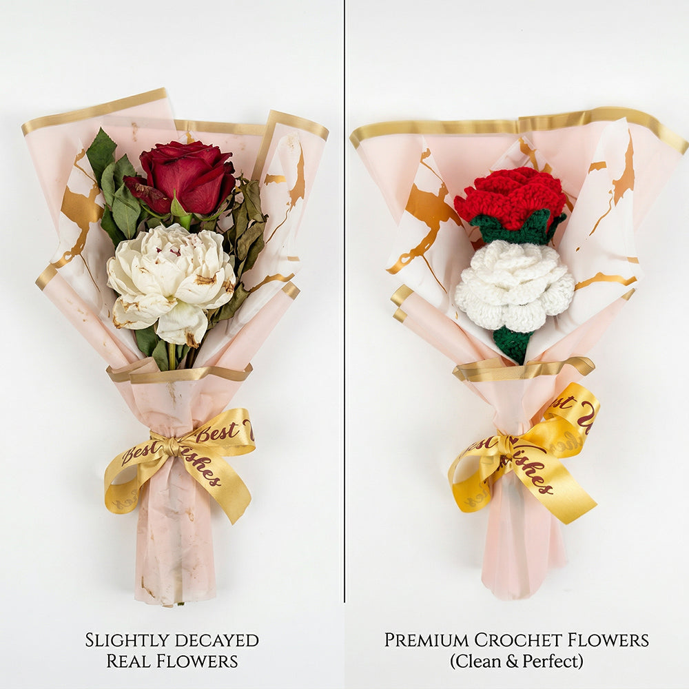 HindCraft Handmade Crochet Red & White Rose Bouquet – Best Wishes Gift