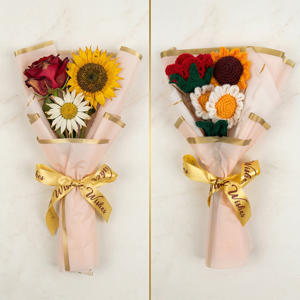 HindCraft Handmade Crochet Sunflower, Daisy & Rose Bouquet – Best Wishes Gift