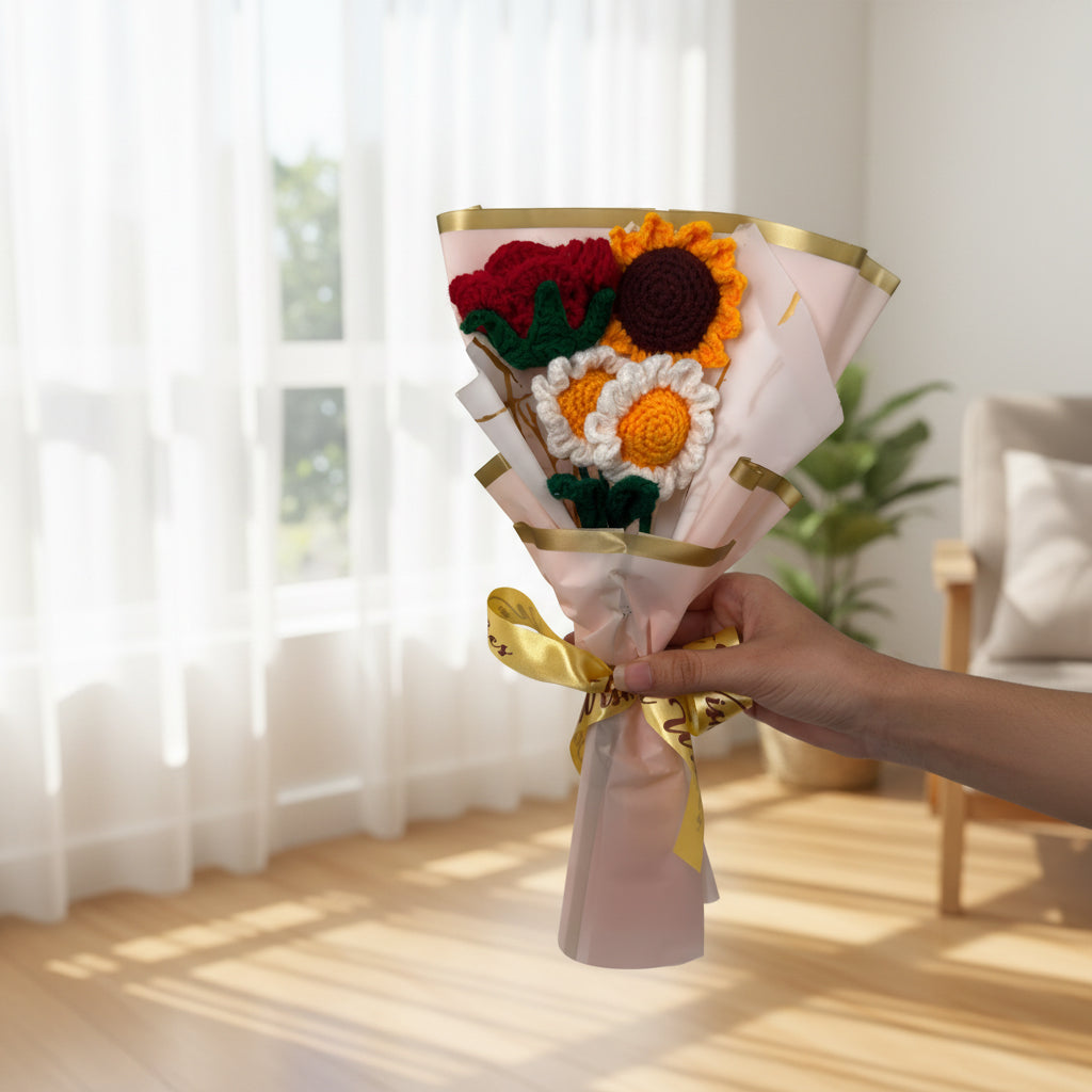 HindCraft Handmade Crochet Sunflower, Daisy & Rose Bouquet – Best Wishes Gift