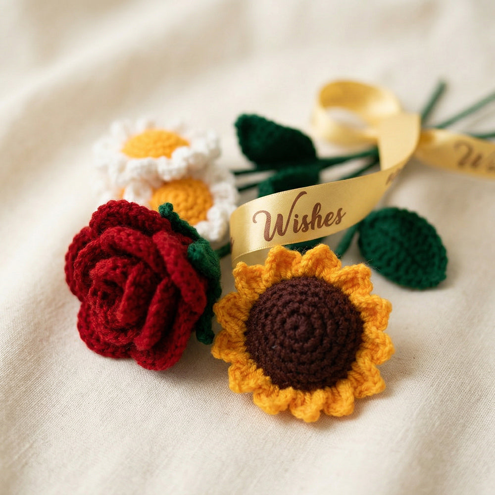 HindCraft Handmade Crochet Sunflower & Rose Bouquet – Best Wishes Gift