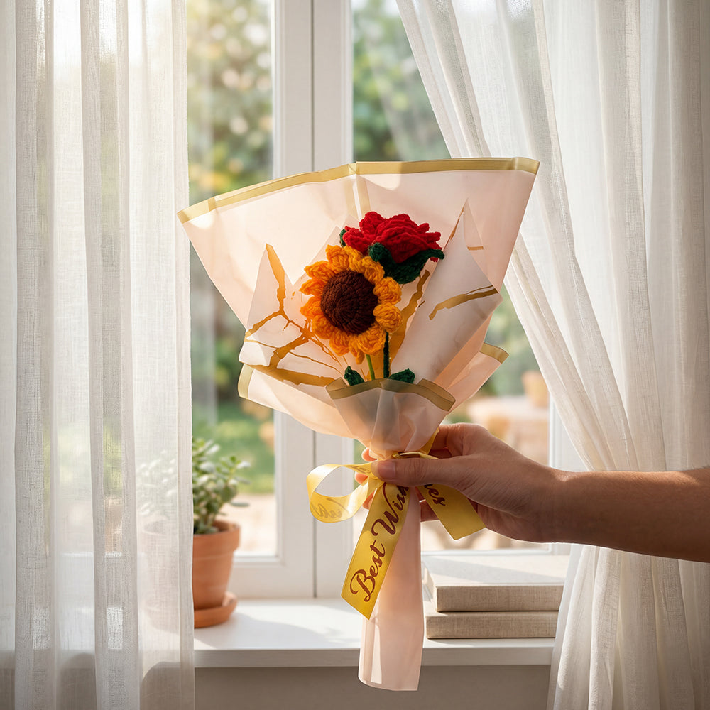 HindCraft Handmade Crochet Sunflower & Rose Bouquet – Best Wishes Gift