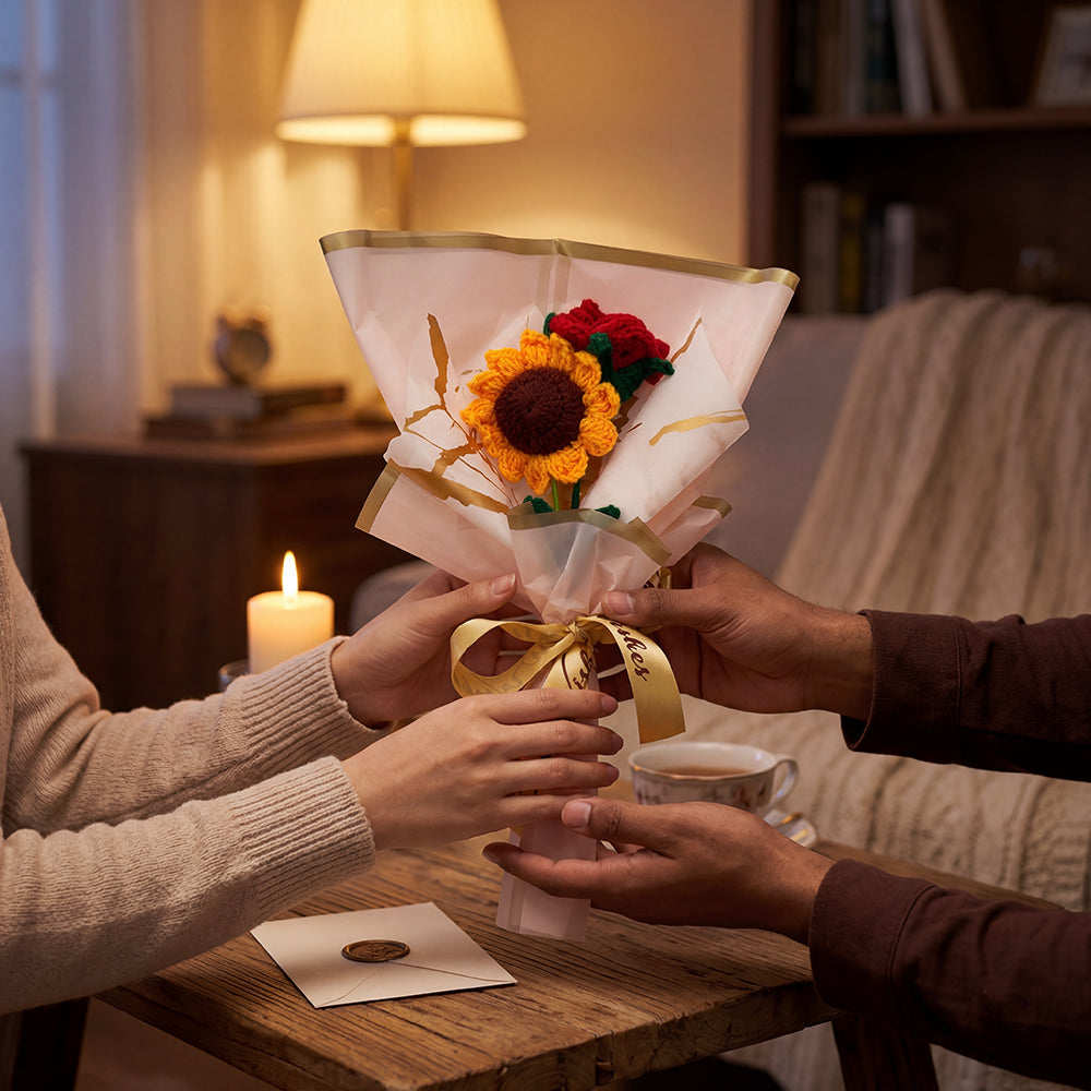 HindCraft Handmade Crochet Sunflower & Rose Bouquet – Best Wishes Gift