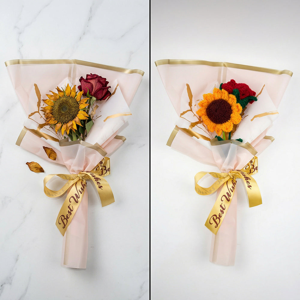 HindCraft Handmade Crochet Sunflower & Rose Bouquet – Best Wishes Gift