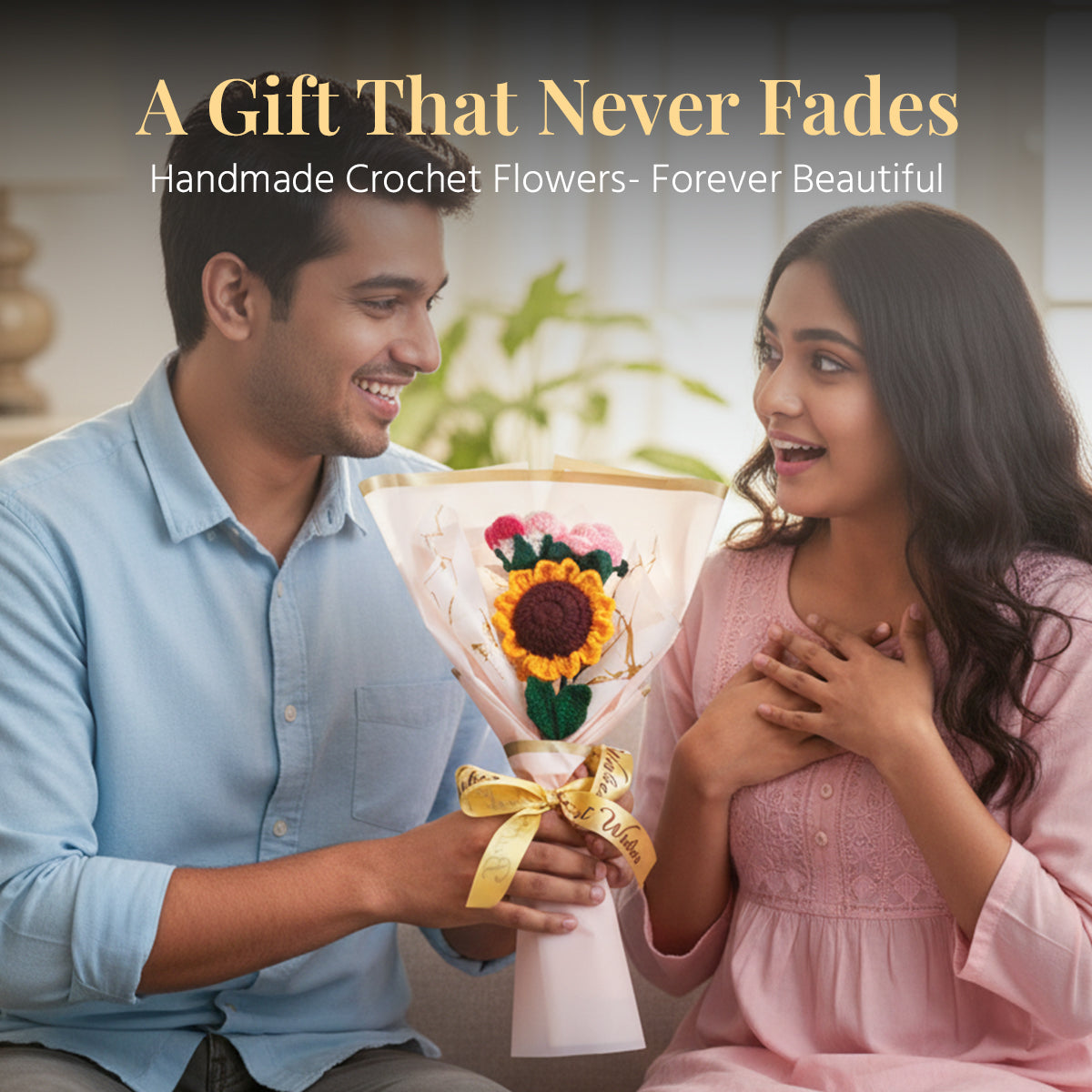 HindCraft Handmade Crochet Sunflower & Pink Rose Bouquet – Best Wishes Gift
