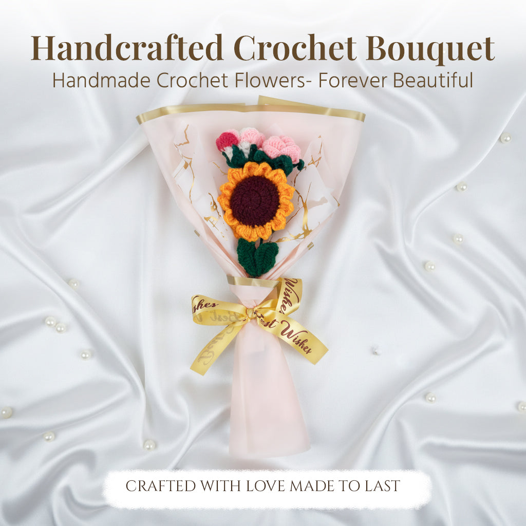 HindCraft Handmade Crochet Sunflower & Pink Rose Bouquet – Best Wishes Gift