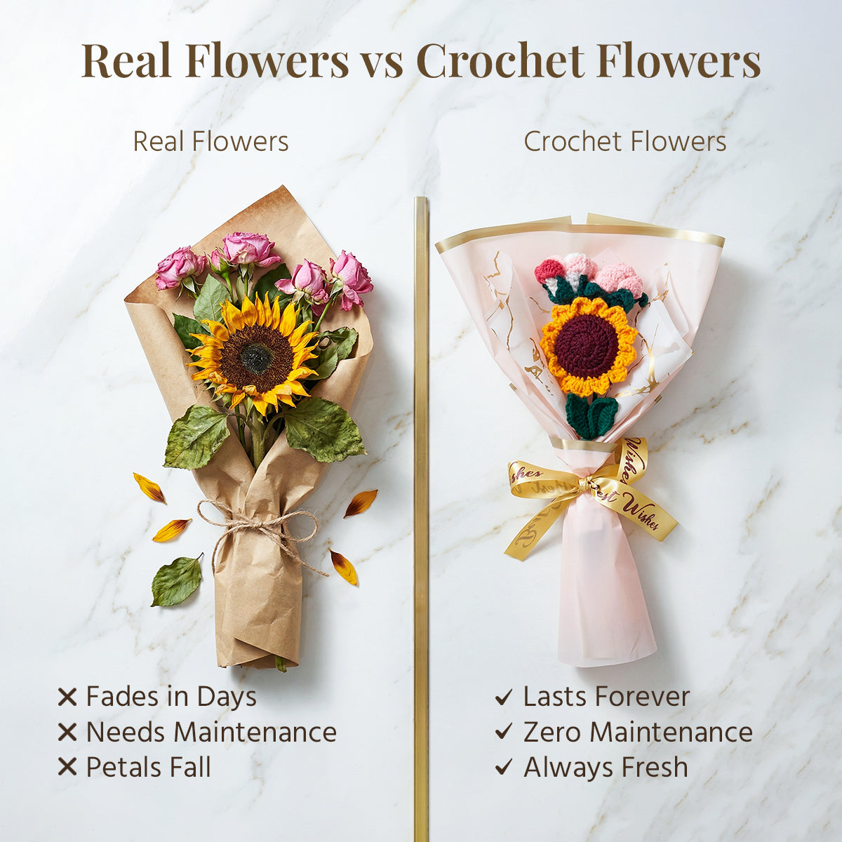HindCraft Handmade Crochet Sunflower & Pink Rose Bouquet – Best Wishes Gift