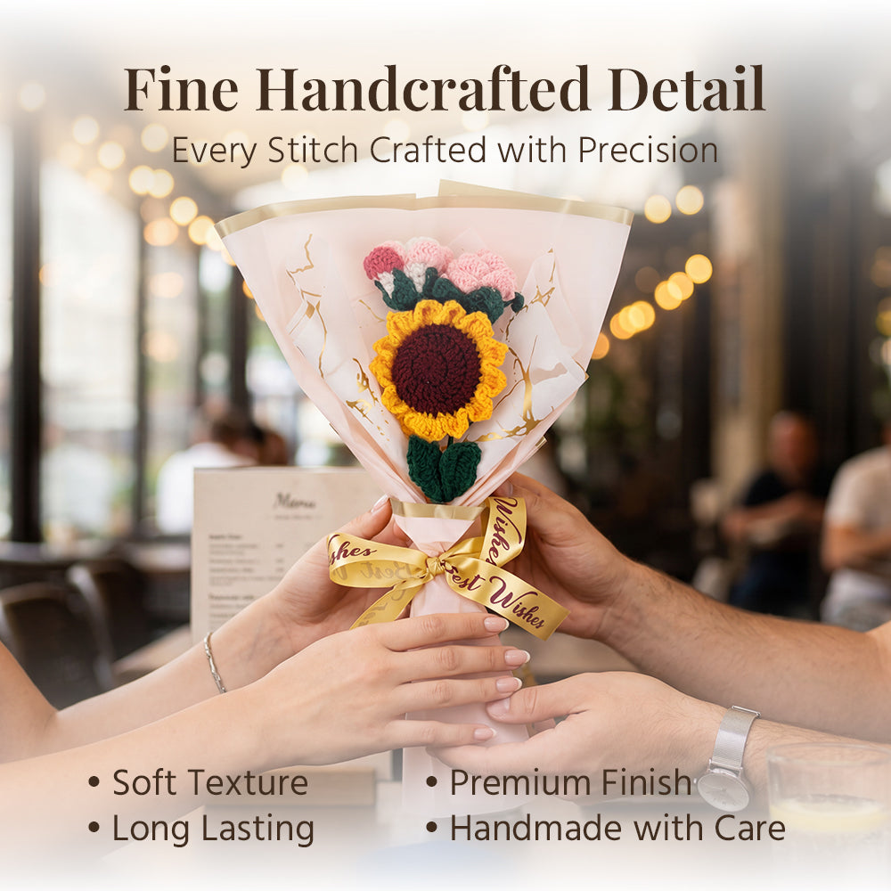 HindCraft Handmade Crochet Sunflower & Pink Rose Bouquet – Best Wishes Gift