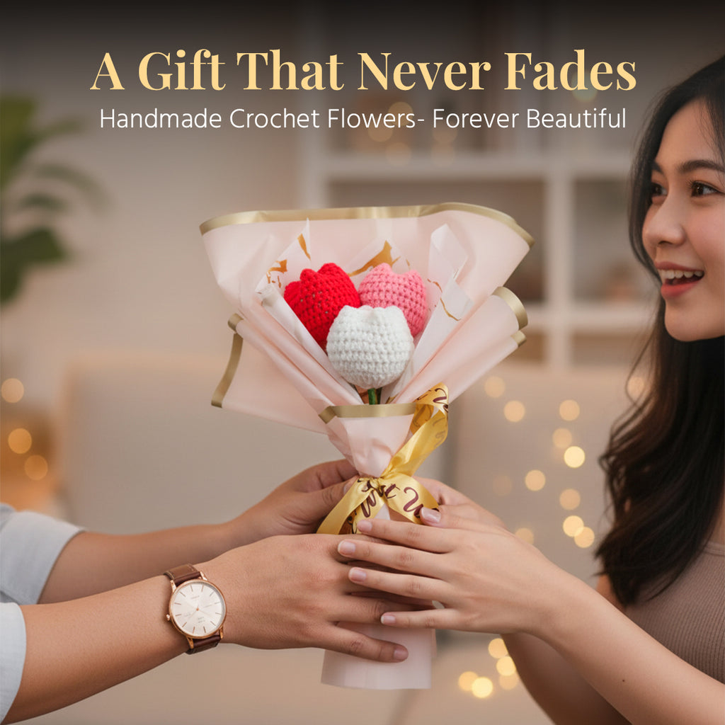 HindCraft Handmade Crochet Tulip Bouquet – Red, Pink & White Flower Gift