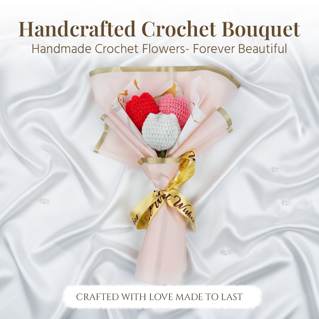HindCraft Handmade Crochet Tulip Bouquet – Red, Pink & White Flower Gift