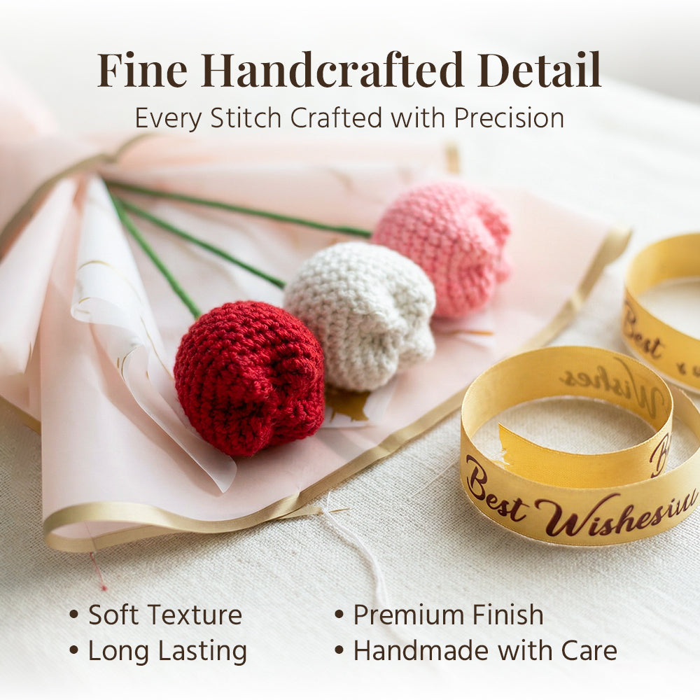 HindCraft Handmade Crochet Tulip Bouquet – Red, Pink & White Flower Gift