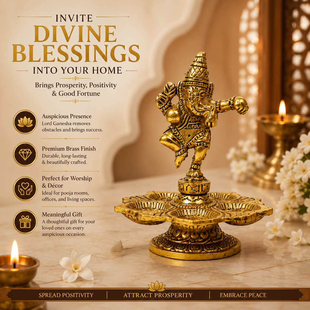 HindCraft Brass Dancing Ganesha Diya with 5 Oil Lamps | Traditional Brass Deepam for Home Temple, Pooja Room & Festive Décor