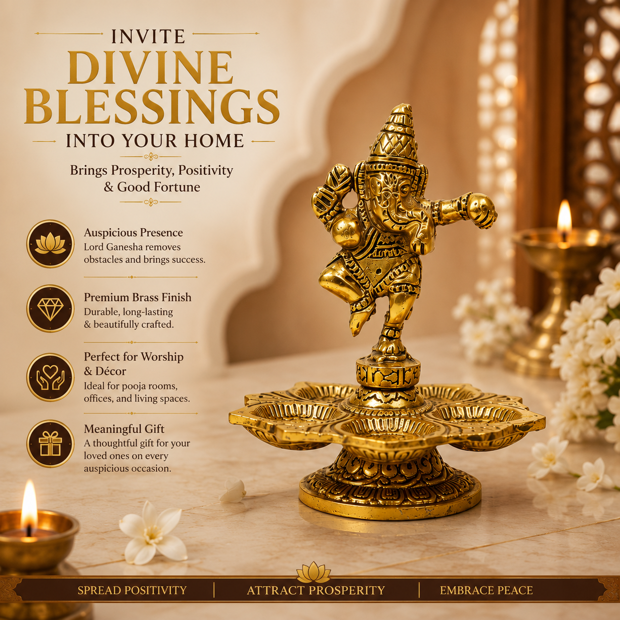 HindCraft Brass Dancing Ganesha Diya with 5 Oil Lamps | Traditional Brass Deepam for Home Temple, Pooja Room & Festive Décor