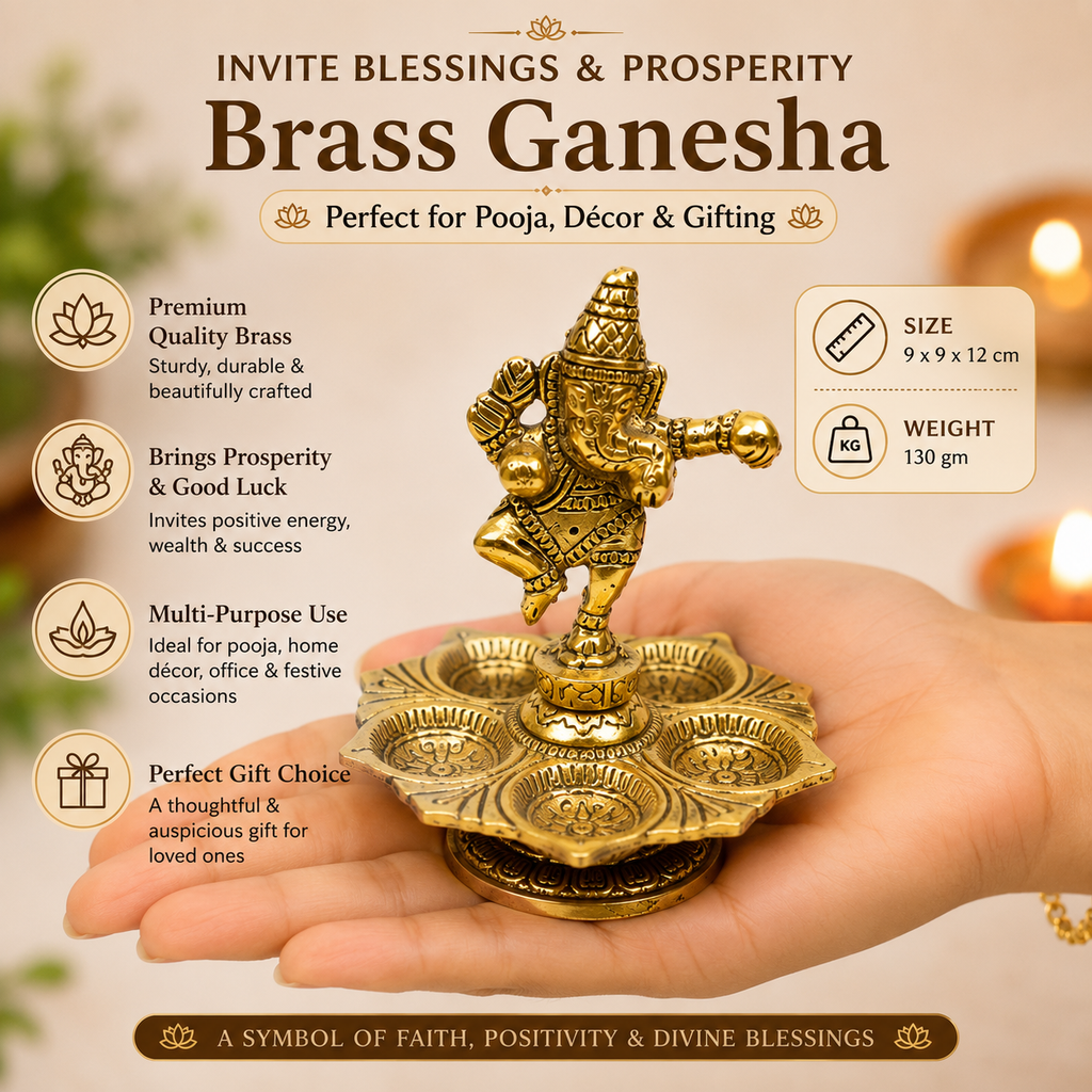 HindCraft Brass Dancing Ganesha Diya with 5 Oil Lamps | Traditional Brass Deepam for Home Temple, Pooja Room & Festive Décor